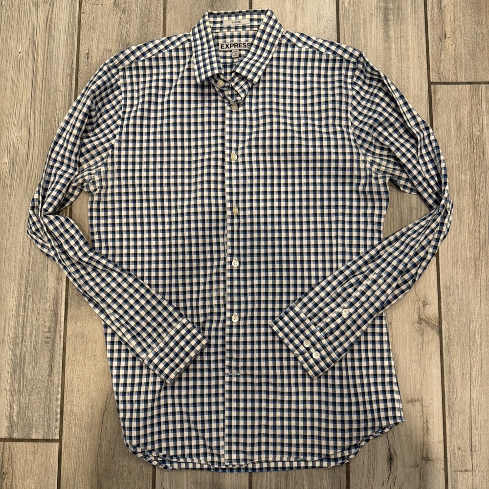 Express Men's Fitted Long Sleeve Button Shirt Blue White Gingham Plaid 15-15.5